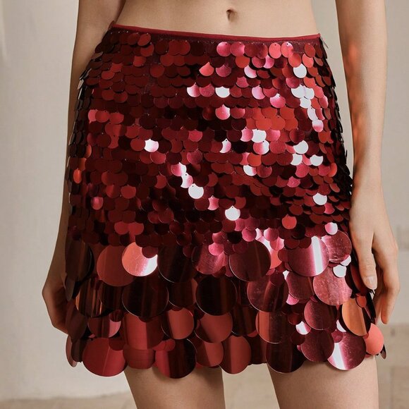 Burgundy Elegant Women's Sequin Party Mini Skirt - Picture 5 of 5